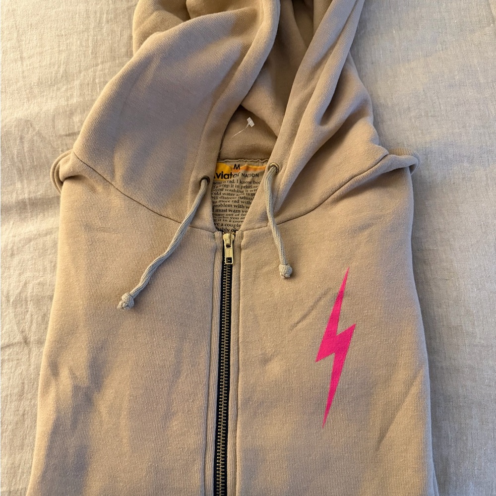 Aviator Nation Beige Hoodie with Pink Bolt